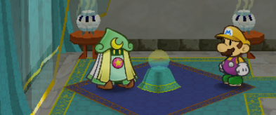 Mario pondering purchasing a package of Merlee's spells.